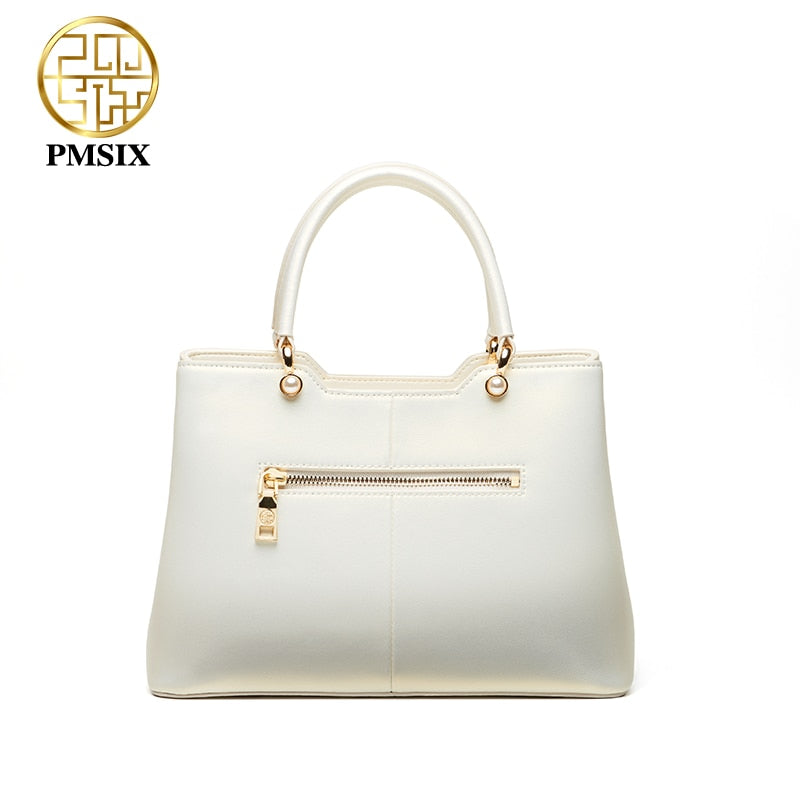 PMSIX luxury White Leather Handbags For Women Elegant Embroidered Ladies' Designer Shoulder Bag Simple Messenger Bags 2021