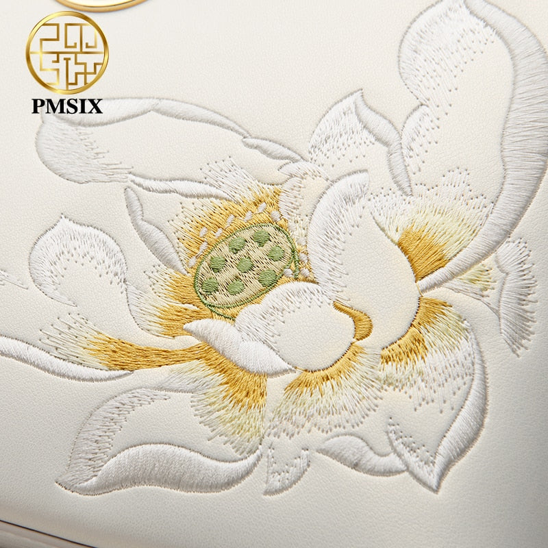 PMSIX luxury White Leather Handbags For Women Elegant Embroidered Ladies' Designer Shoulder Bag Simple Messenger Bags 2021