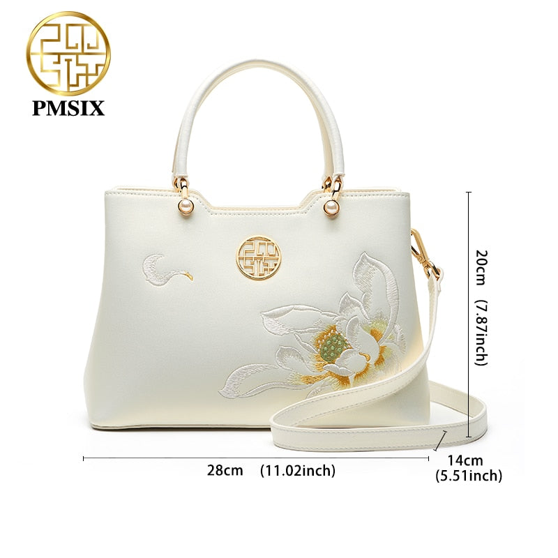 PMSIX luxury White Leather Handbags For Women Elegant Embroidered Ladies' Designer Shoulder Bag Simple Messenger Bags 2021
