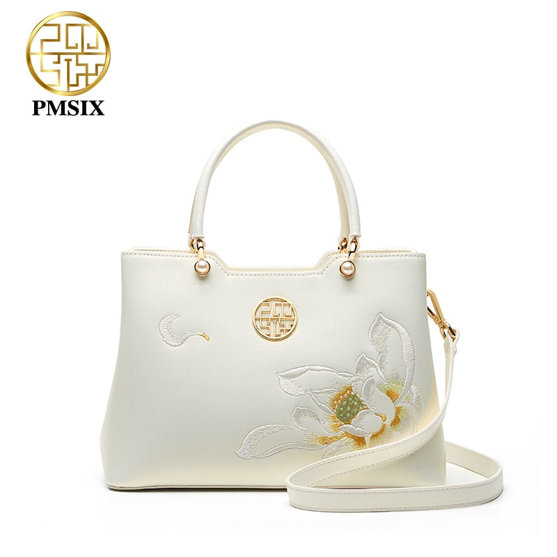 PMSIX luxury White Leather Handbags For Women Elegant Embroidered Ladies' Designer Shoulder Bag Simple Messenger Bags 2021