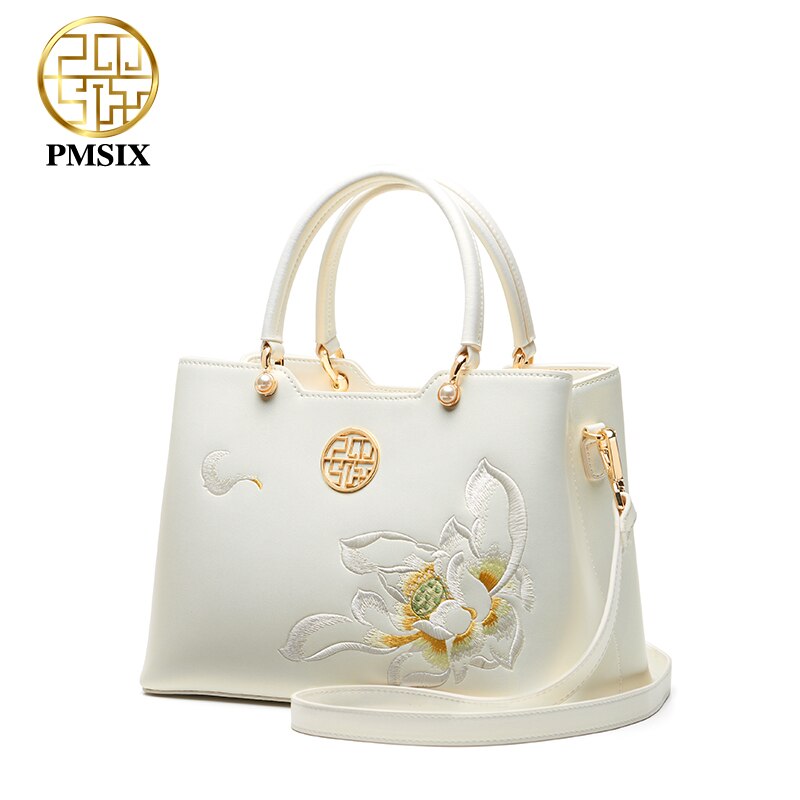 PMSIX luxury White Leather Handbags For Women Elegant Embroidered Ladies' Designer Shoulder Bag Simple Messenger Bags 2021