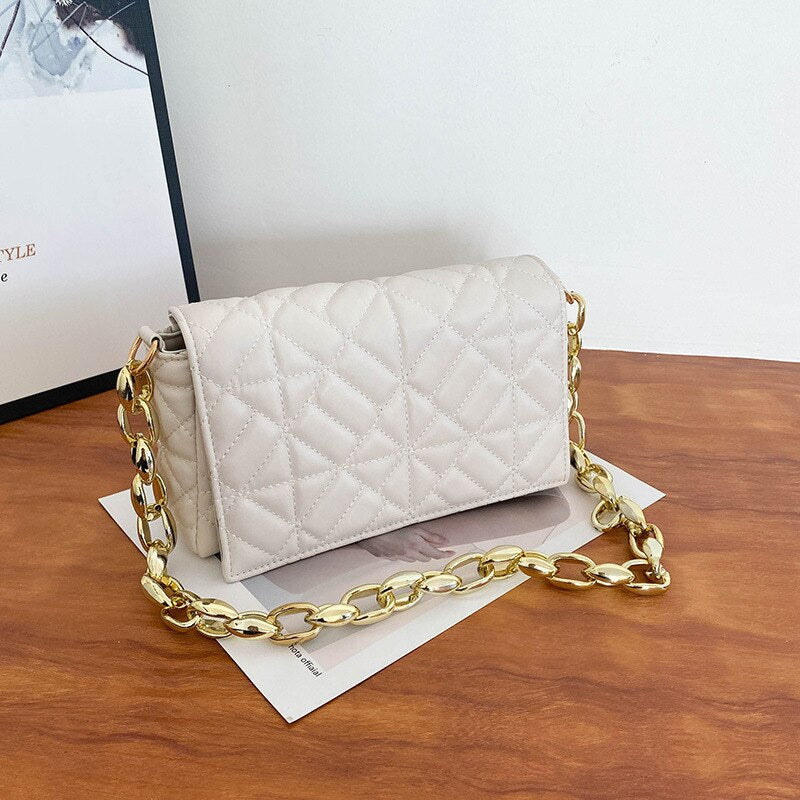 Winter New Korean Fashion Color Contrast Simple Small Square Bag Thick Chain Shoulder Bag Handbag Crossbody Bags for Women