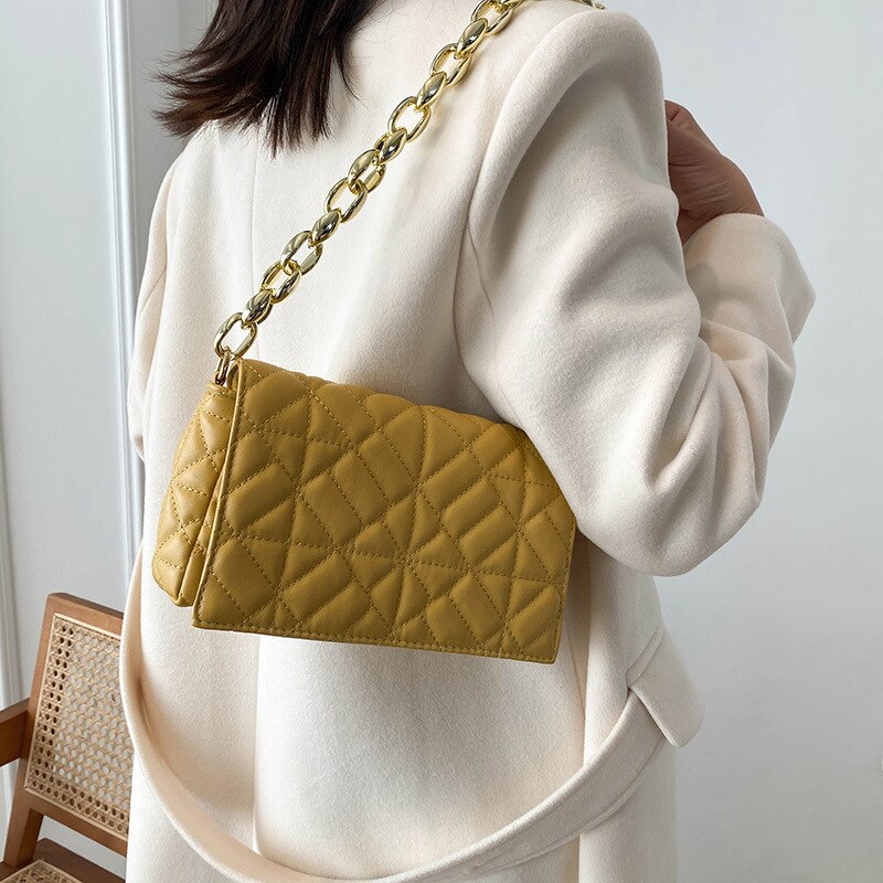 Winter New Korean Fashion Color Contrast Simple Small Square Bag Thick Chain Shoulder Bag Handbag Crossbody Bags for Women