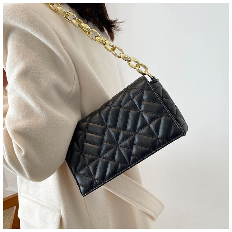 Winter New Korean Fashion Color Contrast Simple Small Square Bag Thick Chain Shoulder Bag Handbag Crossbody Bags for Women