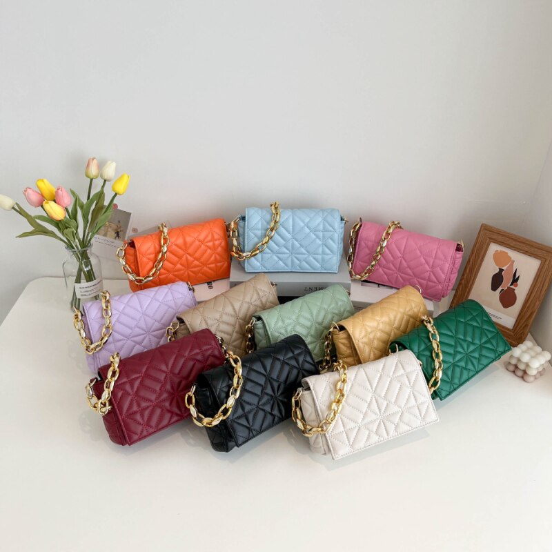 Winter New Korean Fashion Color Contrast Simple Small Square Bag Thick Chain Shoulder Bag Handbag Crossbody Bags for Women
