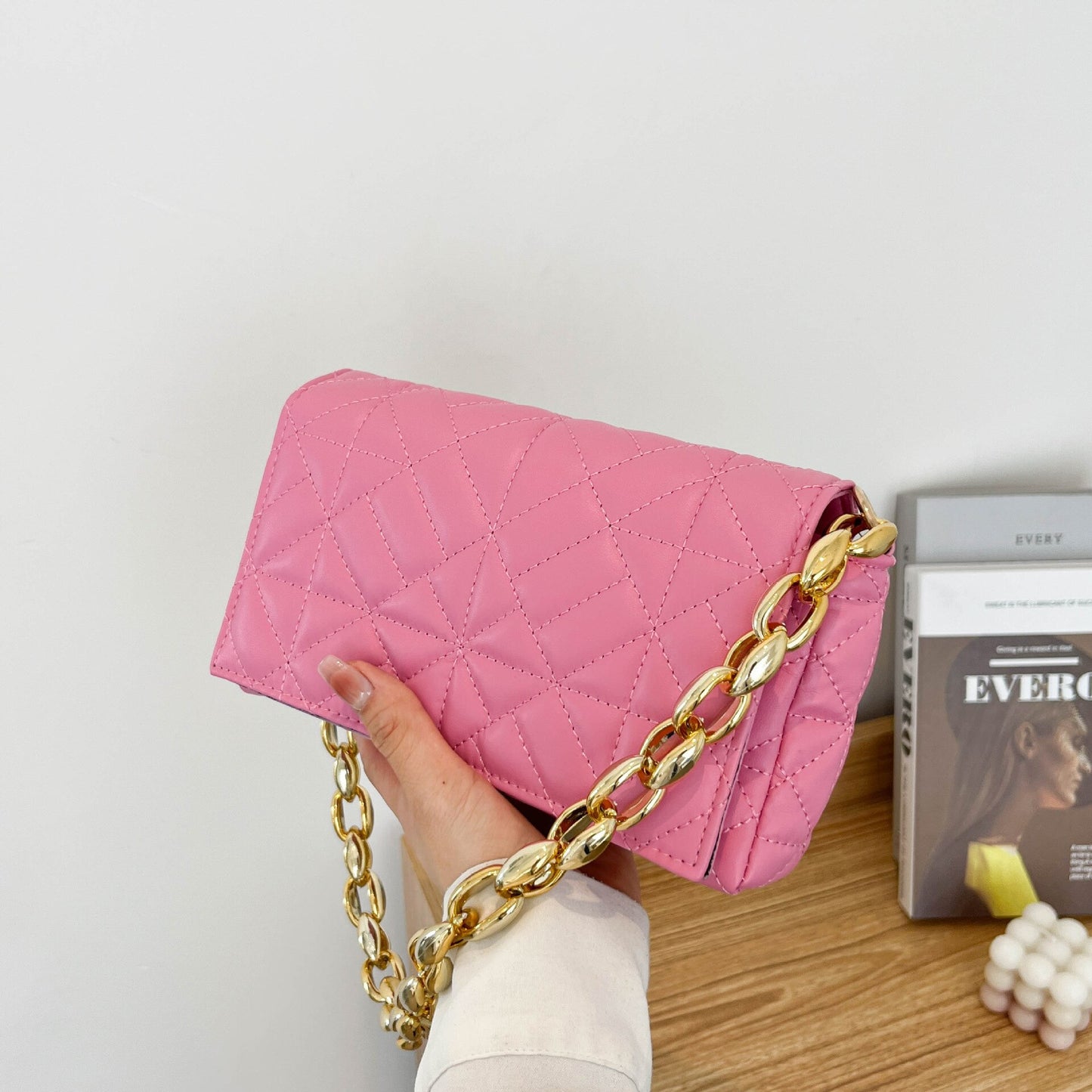 Winter New Korean Fashion Color Contrast Simple Small Square Bag Thick Chain Shoulder Bag Handbag Crossbody Bags for Women