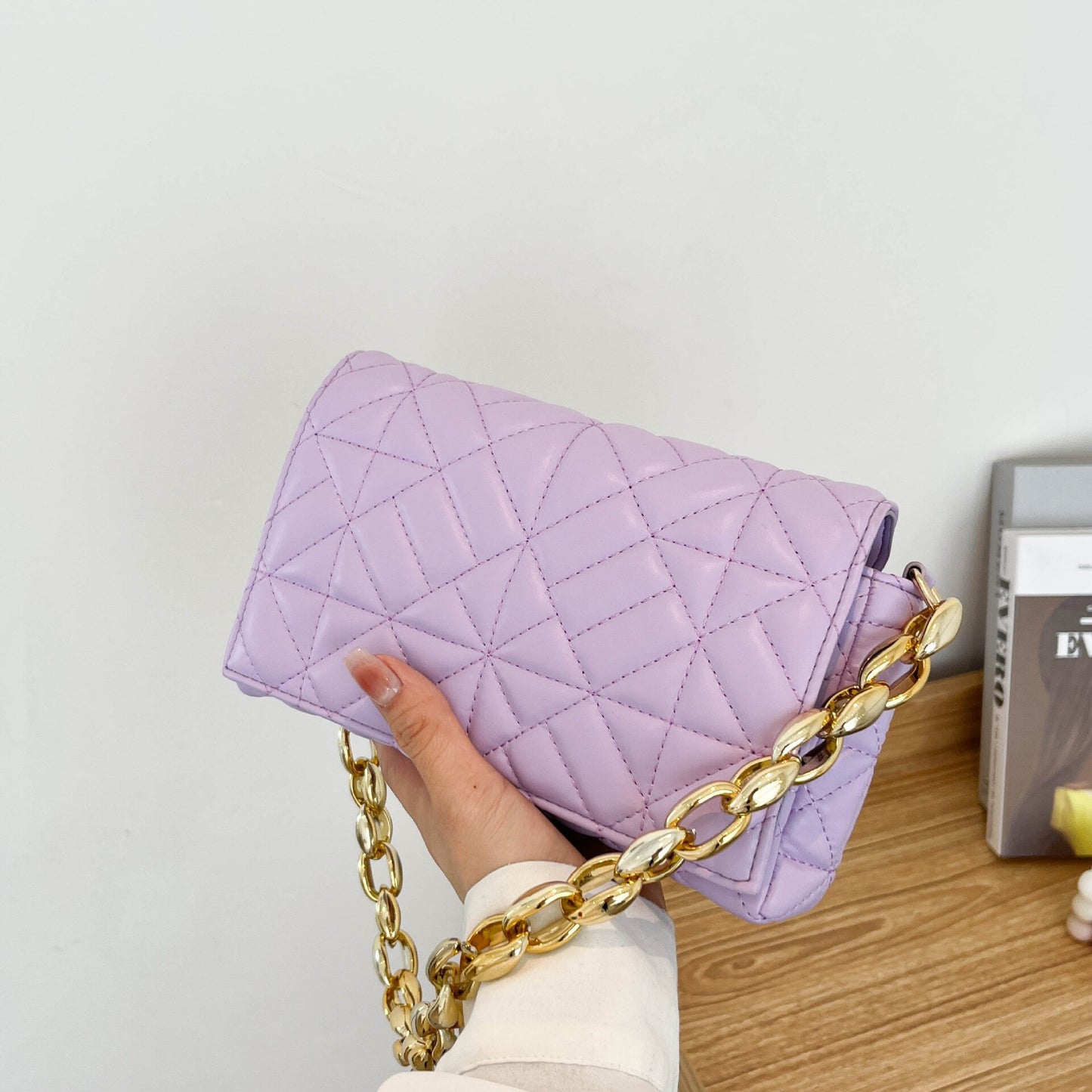 Winter New Korean Fashion Color Contrast Simple Small Square Bag Thick Chain Shoulder Bag Handbag Crossbody Bags for Women