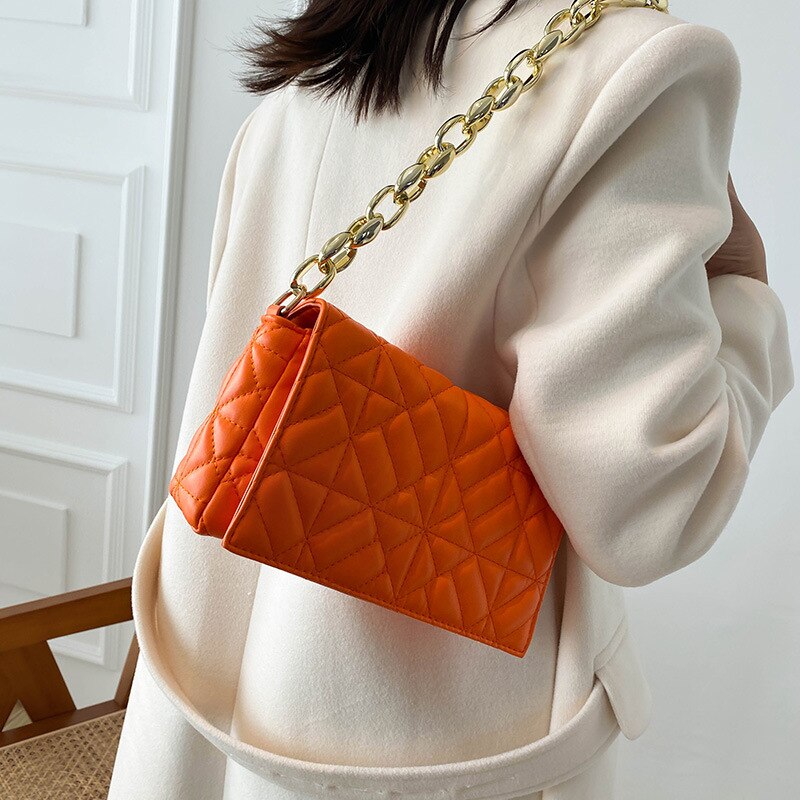 Winter New Korean Fashion Color Contrast Simple Small Square Bag Thick Chain Shoulder Bag Handbag Crossbody Bags for Women
