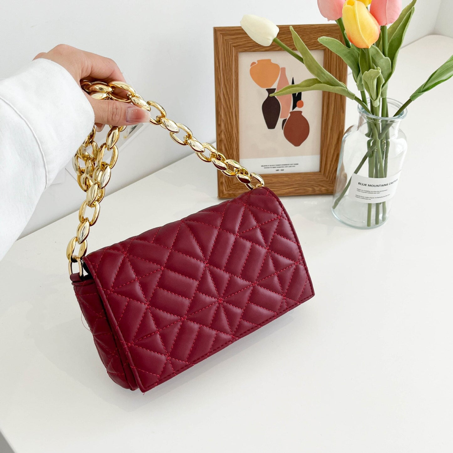 Winter New Korean Fashion Color Contrast Simple Small Square Bag Thick Chain Shoulder Bag Handbag Crossbody Bags for Women