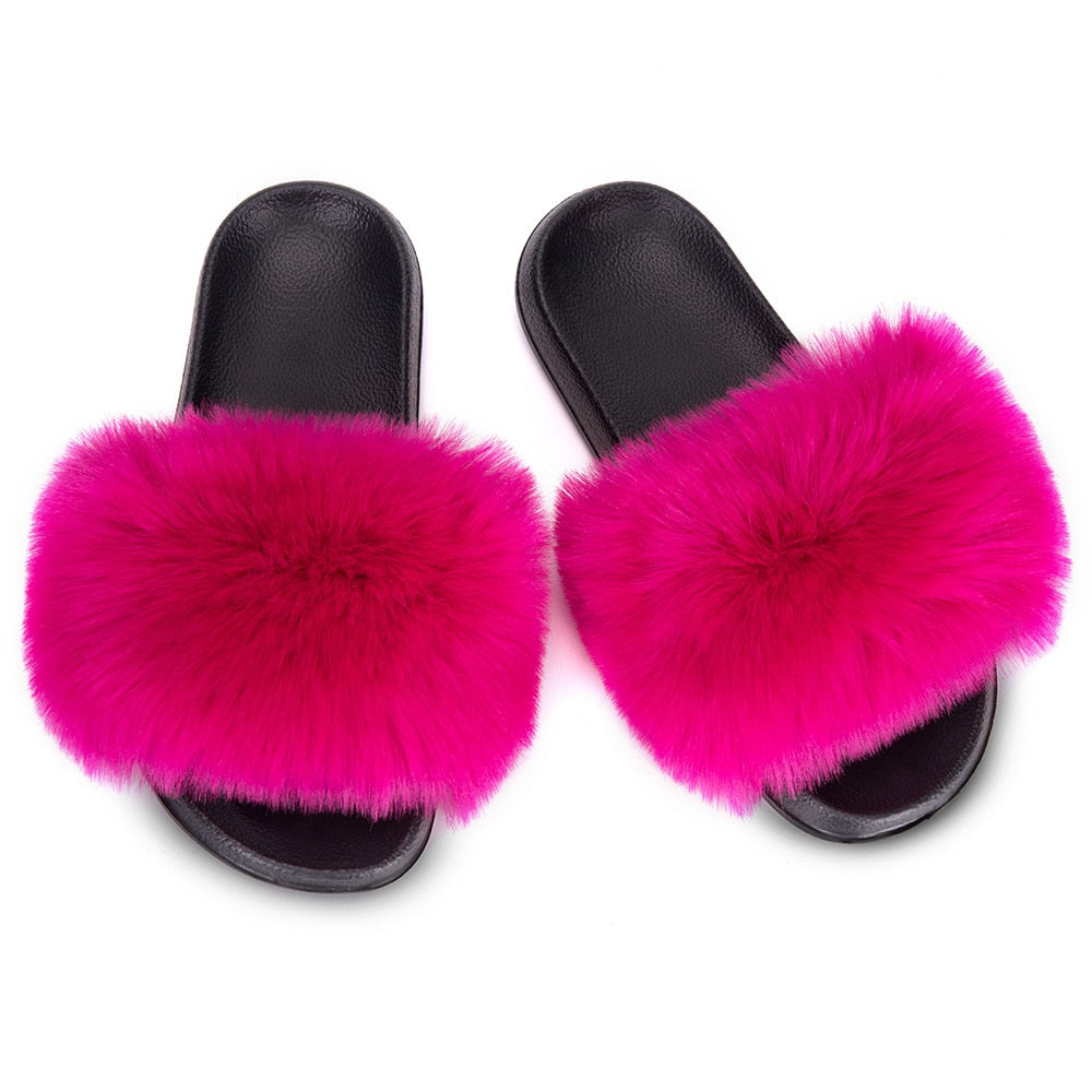 MPPM Faux Fur Slippers Fur Slides Fur Fluffy Sandals Girls Beach Home Plush Sliders Furry Flip Flops Women Shoes Woman