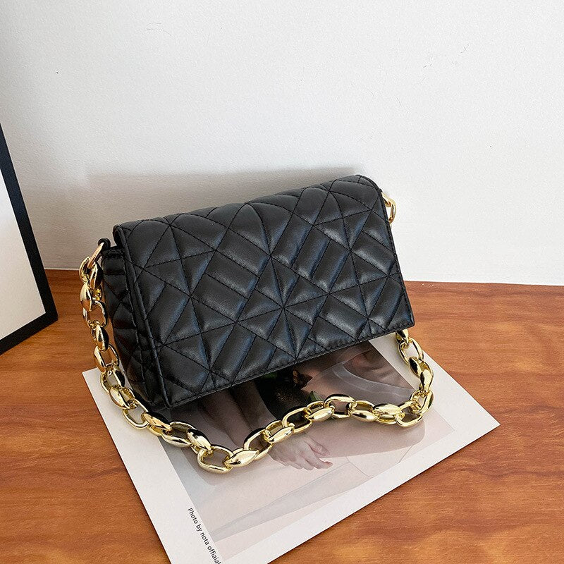 Winter New Korean Fashion Color Contrast Simple Small Square Bag Thick Chain Shoulder Bag Handbag Crossbody Bags for Women
