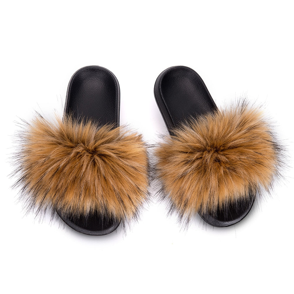MPPM Faux Fur Slippers Fur Slides Fur Fluffy Sandals Girls Beach Home Plush Sliders Furry Flip Flops Women Shoes Woman