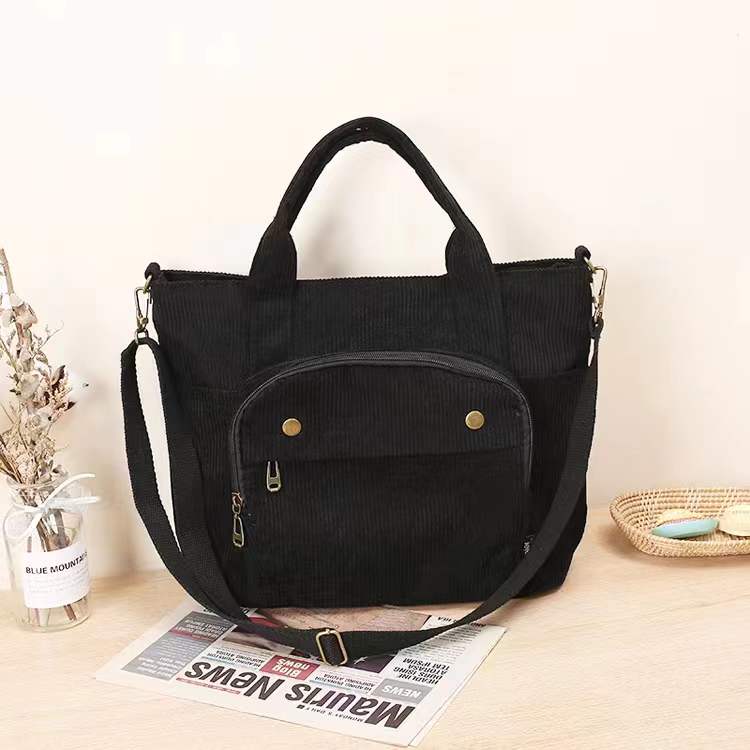 Corduroy Shoulder Bag Women Vintage Shopping Bags Zipper Girls Student Bookbag Handbags Casual Tote With Outside Pocket