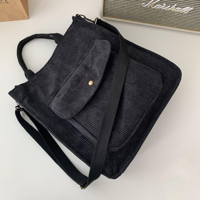 Corduroy Shoulder Bag Women Vintage Shopping Bags Zipper Girls Student Bookbag Handbags Casual Tote With Outside Pocket