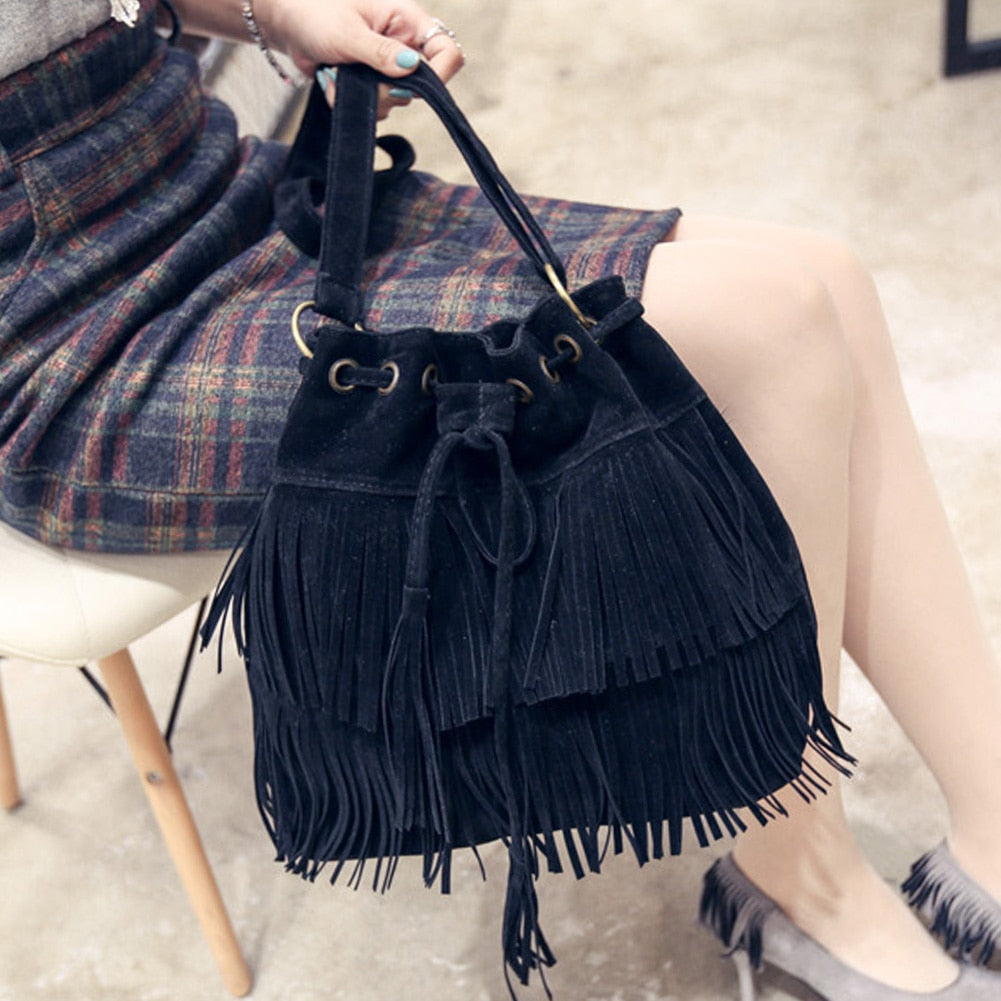 bag women 2020  Fashion Solid Color Women Fringe Drawstring Suede Crossbody Shoulder Bucket Bag  bags for women 2020 сумка женск