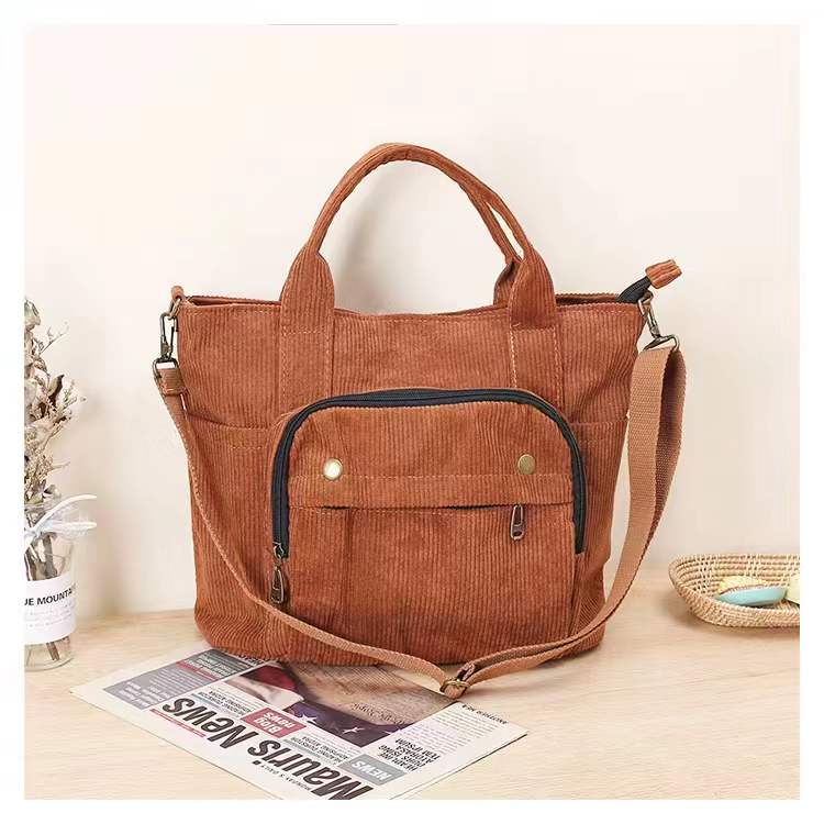 Corduroy Shoulder Bag Women Vintage Shopping Bags Zipper Girls Student Bookbag Handbags Casual Tote With Outside Pocket