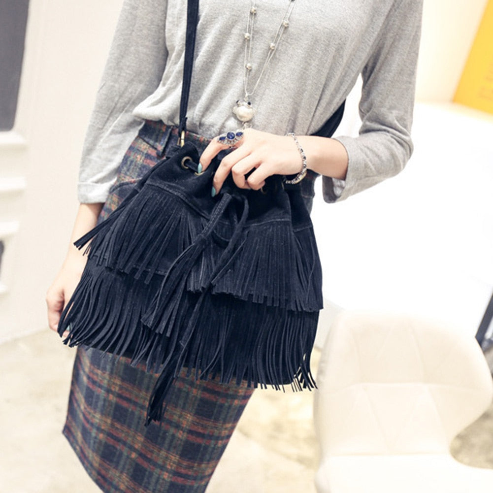 bag women 2020  Fashion Solid Color Women Fringe Drawstring Suede Crossbody Shoulder Bucket Bag  bags for women 2020 сумка женск