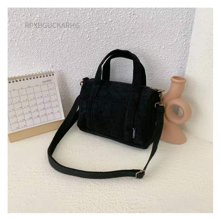 Corduroy Shoulder Bag Women Vintage Shopping Bags Zipper Girls Student Bookbag Handbags Casual Tote With Outside Pocket