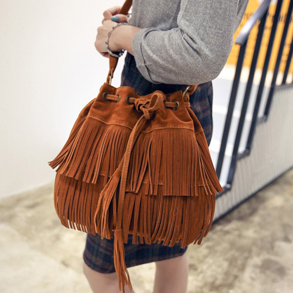 bag women 2020  Fashion Solid Color Women Fringe Drawstring Suede Crossbody Shoulder Bucket Bag  bags for women 2020 сумка женск
