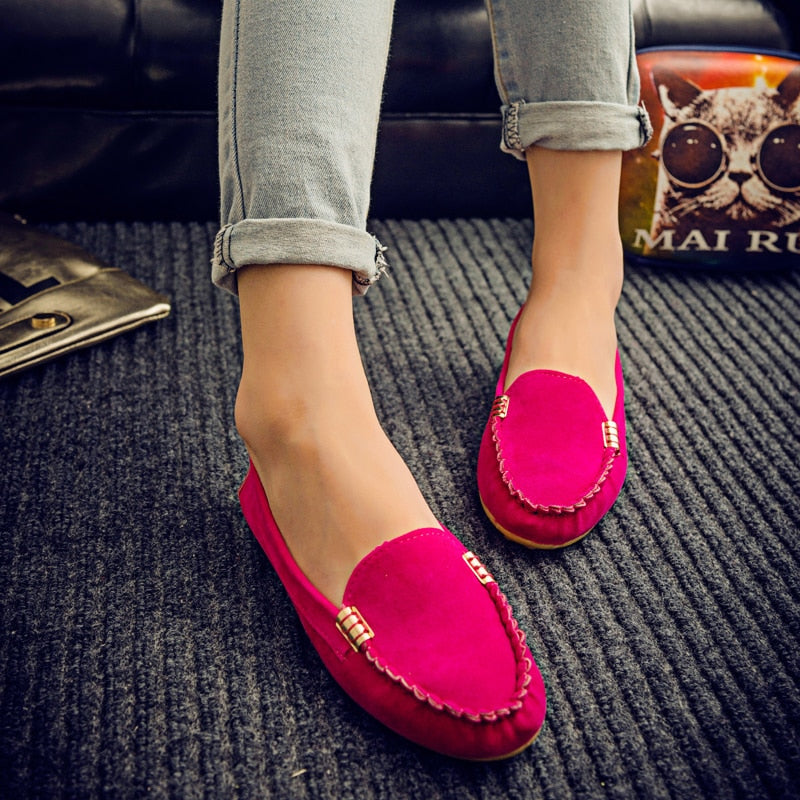 Plus Size 35-43 Women Flats Faux Suede Slip on Flat Shoes Woman Loafers Metal Boat Shoes Soft Female Shoes Black zapatos mujer