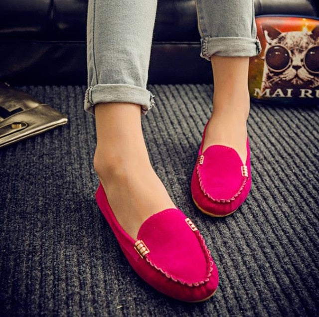 Plus Size 35-43 Women Flats Faux Suede Slip on Flat Shoes Woman Loafers Metal Boat Shoes Soft Female Shoes Black zapatos mujer