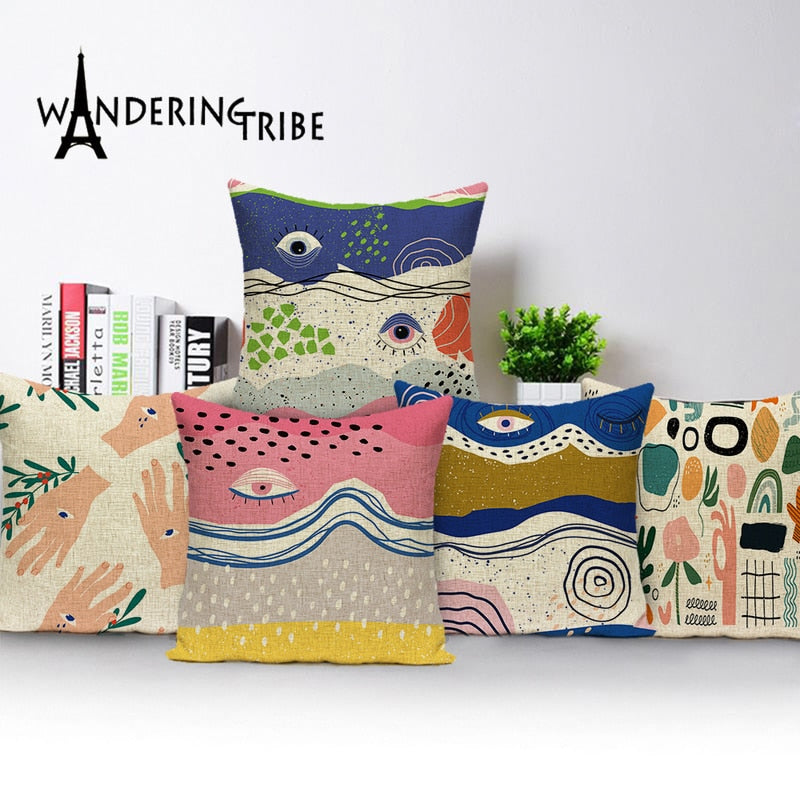 Shabby Abstract Cushions Cover Eye Geometric Patterns Pillow Case Printed Linen Cushion Cases Girl Sofa Pillows Covers Kissen