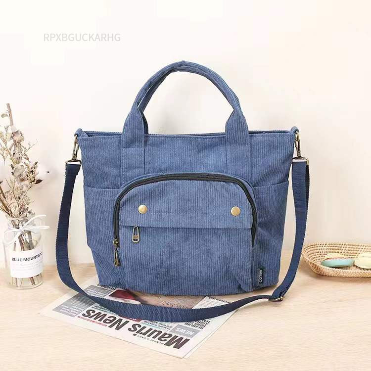 Corduroy Shoulder Bag Women Vintage Shopping Bags Zipper Girls Student Bookbag Handbags Casual Tote With Outside Pocket