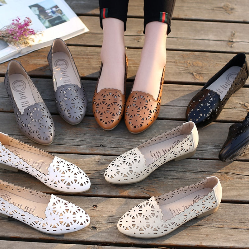 GKTINOO 2022 Women Flat Shoes Genuine Leather Woman Ballet Pointed Toe Flats Summer Lady Hollow Out Loafers Women Shoes Sandals