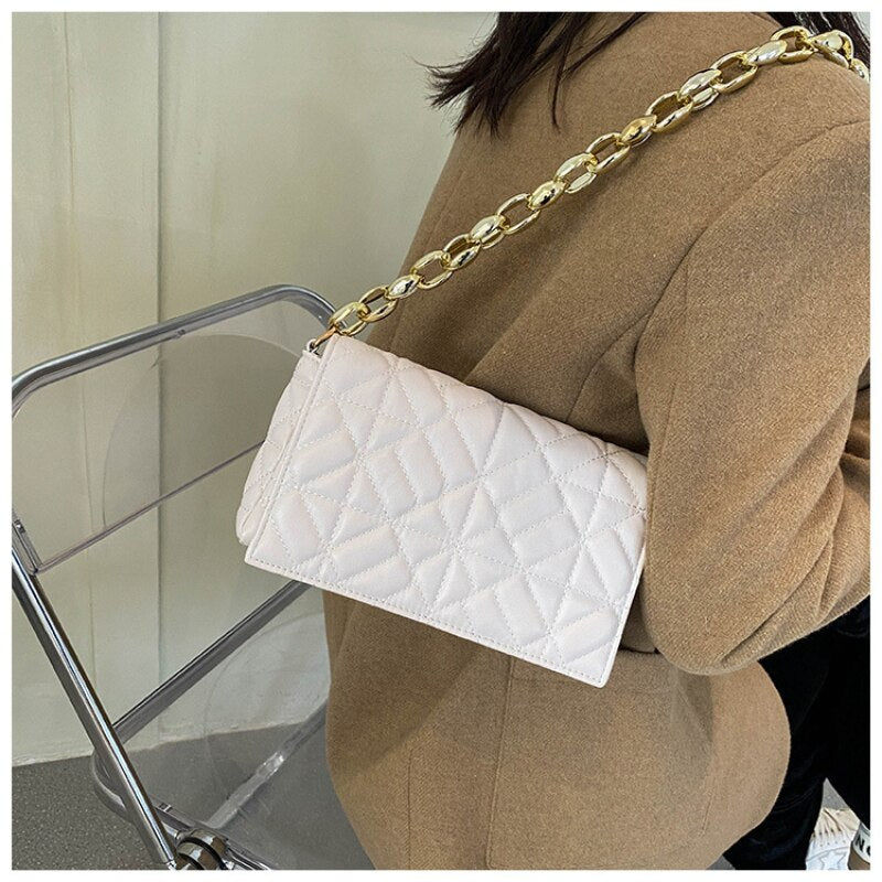 Winter New Korean Fashion Color Contrast Simple Small Square Bag Thick Chain Shoulder Bag Handbag Crossbody Bags for Women