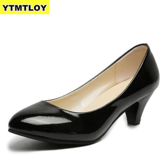 Women's Leather Med Heels New High Quality Shoes Pumps for Office Ladies High Heels Red Sexy Heels