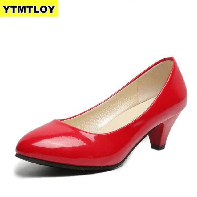 Women's Leather Med Heels New High Quality Shoes Pumps for Office Ladies High Heels Red Sexy Heels