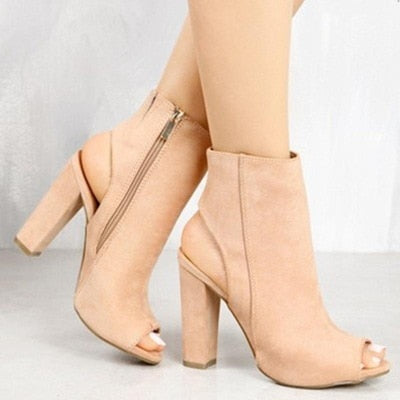 Ankle Boots Faux Suede Leather Casual Open Peep Toe High Heels Zipper Fashion Square Rubber Black Shoes For Women Plus Size