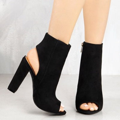 Ankle Boots Faux Suede Leather Casual Open Peep Toe High Heels Zipper Fashion Square Rubber Black Shoes For Women Plus Size