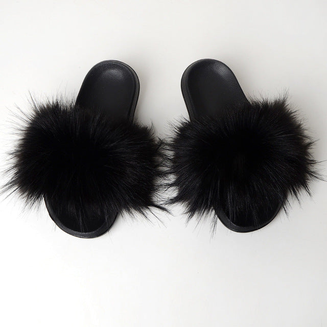 New Fluffy Faux Fur Slides Women Fur Slippers Furry Raccoon Sandals Fake Fox Fur Flip Flops Home Fuzzy Woman Casual Plush Shoes