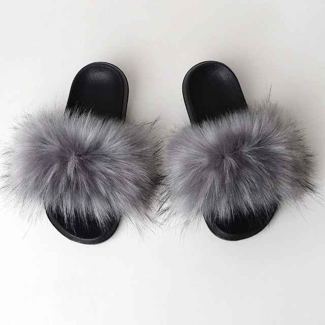 New Fluffy Faux Fur Slides Women Fur Slippers Furry Raccoon Sandals Fake Fox Fur Flip Flops Home Fuzzy Woman Casual Plush Shoes