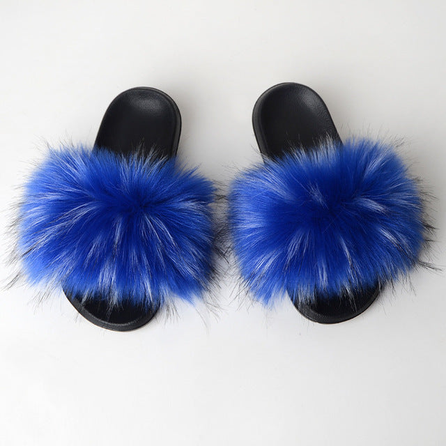 New Fluffy Faux Fur Slides Women Fur Slippers Furry Raccoon Sandals Fake Fox Fur Flip Flops Home Fuzzy Woman Casual Plush Shoes