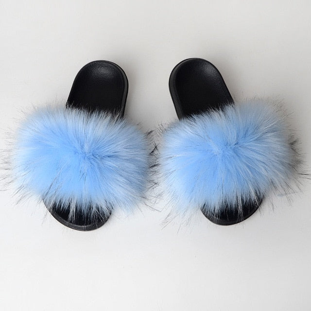 New Fluffy Faux Fur Slides Women Fur Slippers Furry Raccoon Sandals Fake Fox Fur Flip Flops Home Fuzzy Woman Casual Plush Shoes