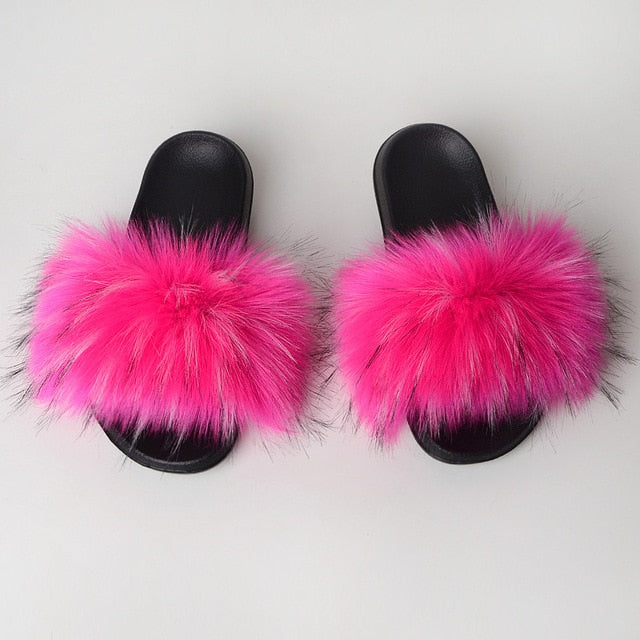 New Fluffy Faux Fur Slides Women Fur Slippers Furry Raccoon Sandals Fake Fox Fur Flip Flops Home Fuzzy Woman Casual Plush Shoes