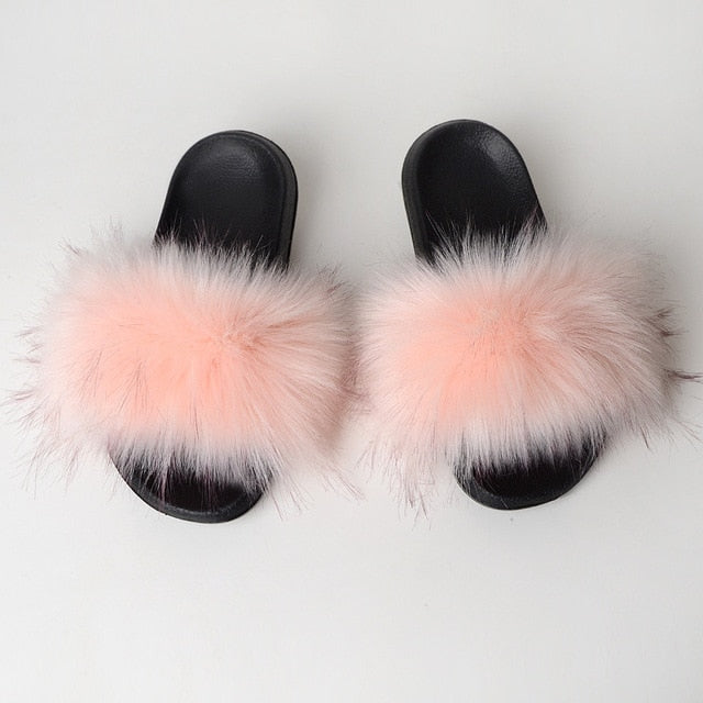 New Fluffy Faux Fur Slides Women Fur Slippers Furry Raccoon Sandals Fake Fox Fur Flip Flops Home Fuzzy Woman Casual Plush Shoes