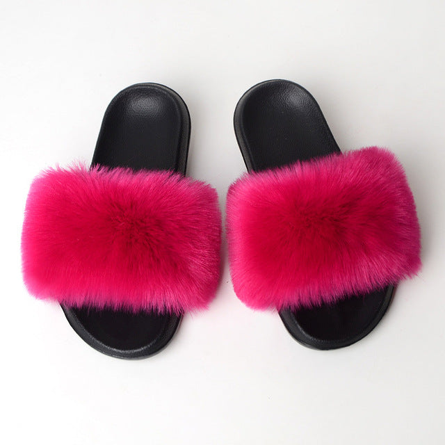 New Fluffy Faux Fur Slides Women Fur Slippers Furry Raccoon Sandals Fake Fox Fur Flip Flops Home Fuzzy Woman Casual Plush Shoes