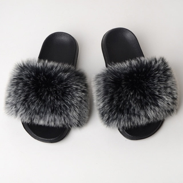 New Fluffy Faux Fur Slides Women Fur Slippers Furry Raccoon Sandals Fake Fox Fur Flip Flops Home Fuzzy Woman Casual Plush Shoes
