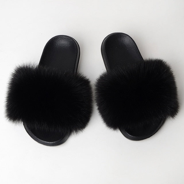 New Fluffy Faux Fur Slides Women Fur Slippers Furry Raccoon Sandals Fake Fox Fur Flip Flops Home Fuzzy Woman Casual Plush Shoes