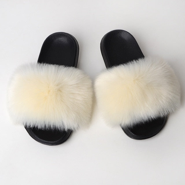 New Fluffy Faux Fur Slides Women Fur Slippers Furry Raccoon Sandals Fake Fox Fur Flip Flops Home Fuzzy Woman Casual Plush Shoes