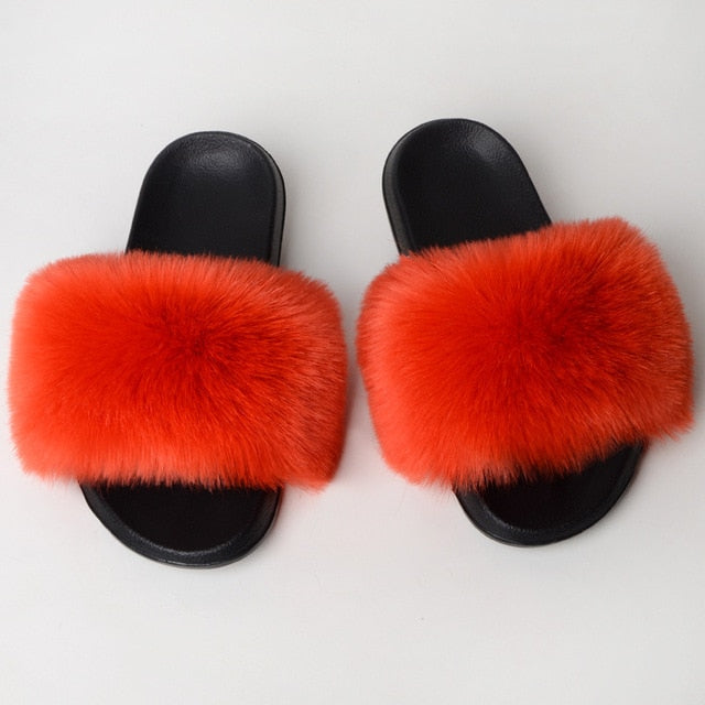 New Fluffy Faux Fur Slides Women Fur Slippers Furry Raccoon Sandals Fake Fox Fur Flip Flops Home Fuzzy Woman Casual Plush Shoes