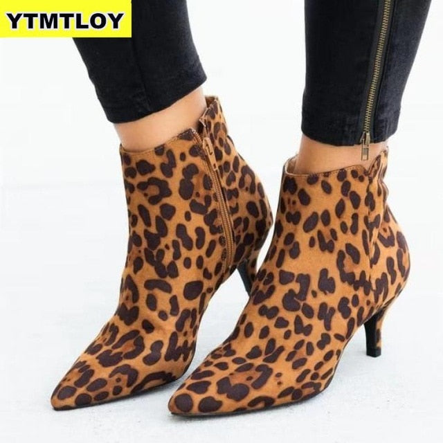 NEW Women's Ankle Boots Leopard Women Pointed Toe Ladies Chunky High heel Female Shoes Woman Footwear Plus Size 35-43 Snake