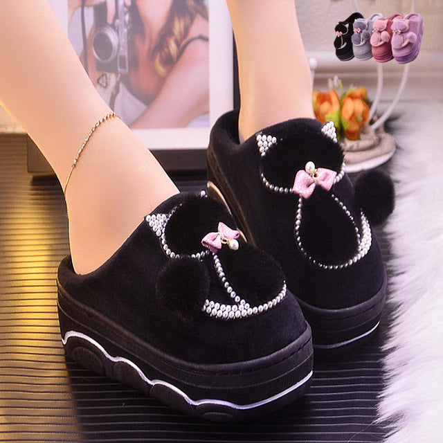 Platform ladies sexy slippers rhinestone warm slippers for women indoor house slippers cat bear girls winter shoes 2019