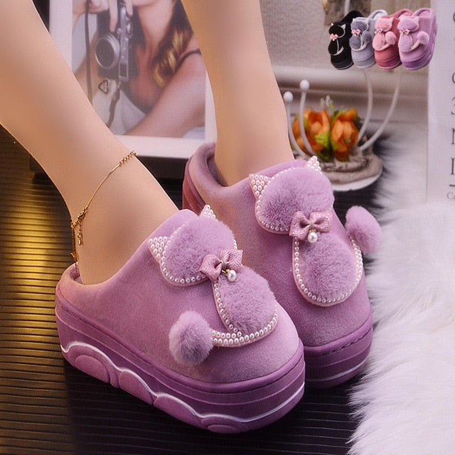 Platform ladies sexy slippers rhinestone warm slippers for women indoor house slippers cat bear girls winter shoes 2019