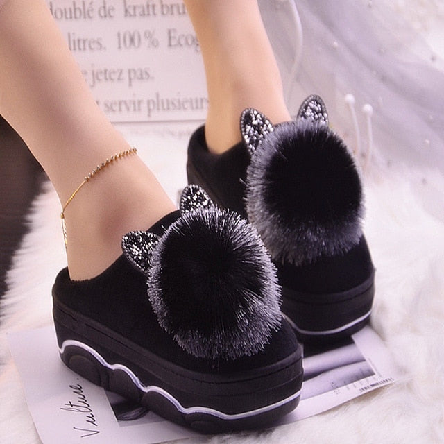 Platform ladies sexy slippers rhinestone warm slippers for women indoor house slippers cat bear girls winter shoes 2019