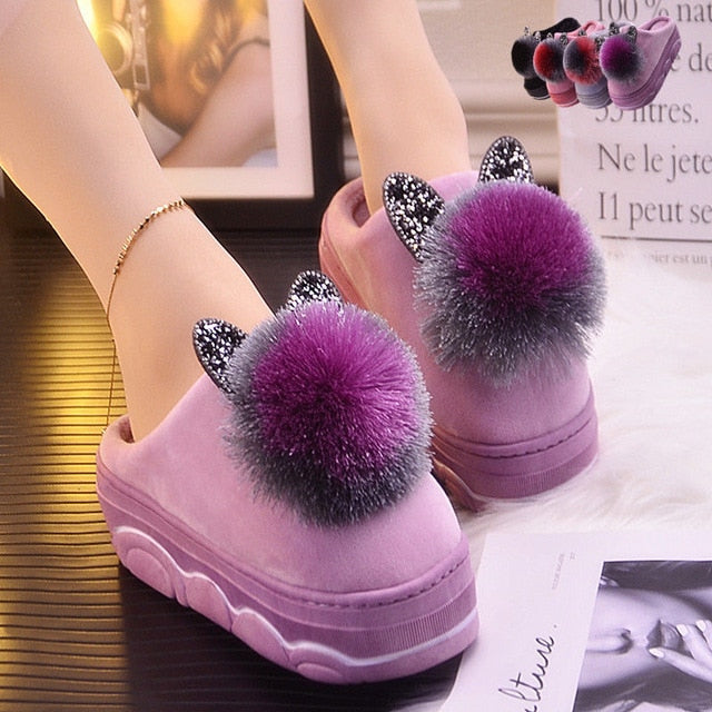 Platform ladies sexy slippers rhinestone warm slippers for women indoor house slippers cat bear girls winter shoes 2019