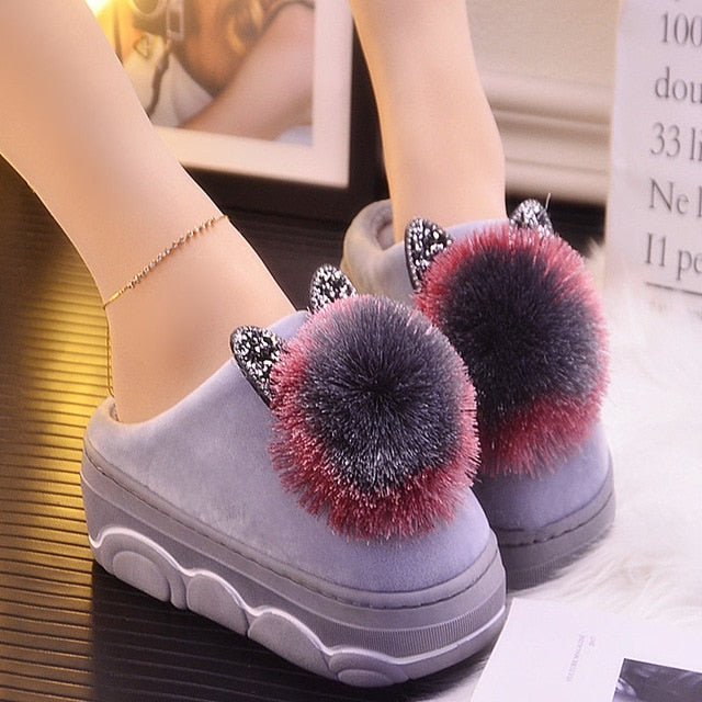 Platform ladies sexy slippers rhinestone warm slippers for women indoor house slippers cat bear girls winter shoes 2019